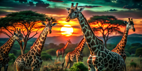 Giraffes in the savannah at sunset