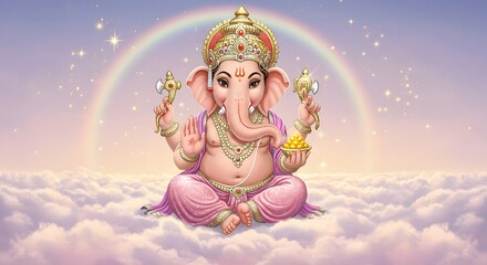 Pastel Ganesha Floating on Clouds