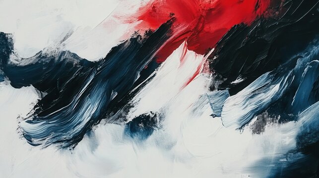 Abstract painting with bold brushstrokes of red, white, and dark blue