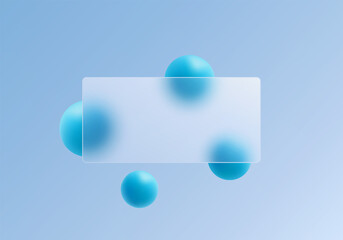 Blue glassmorphism panel with spheres on gradient background