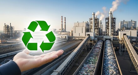 Hand holding recycling symbol over industrial landscape illustrating circular economy concept