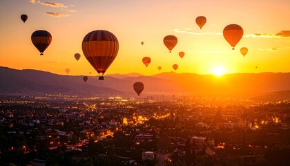 夕暮れの都市上空を飛ぶ気球