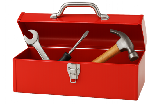 Red Toolbox with Tools Inside Isolated Transparent. Red Toolbox With A Hammer, Wrench And Screwdriver Inside The Box