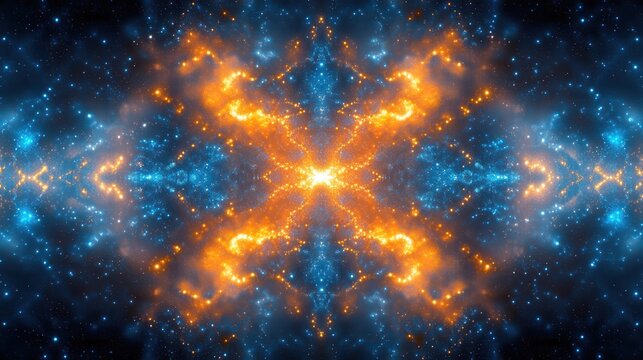Abstract symmetrical pattern of glowing orange and blue particles - Powered by Adobe