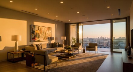 Fototapeta premium Modern penthouse living room bathed in golden sunlight, showcasing panoramic city views