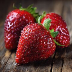 Fresh juicy strawberries on rustic wooden table, close-up, food photography for recipe websites