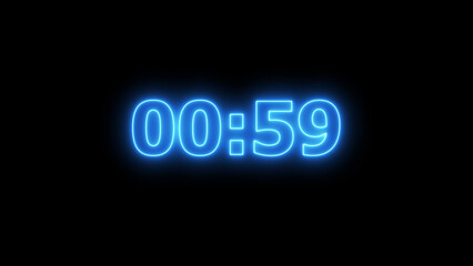 Blue Neon Digital Timer Displaying 00:59 glowing