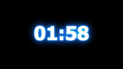 Blue Neon Digital Timer Displaying 01:58 glowing