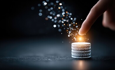 Hand interacts with digital data stack