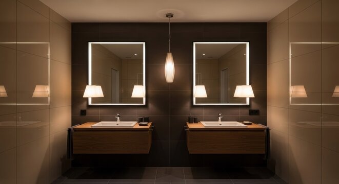 Modern, symmetrical bathroom interior at night, featuring two vanities with mirrors and pendant lights