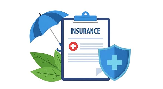 Health insurance concept with policy document on a clipboard, protection shield, and umbrella. Medical care and security vector illustration.