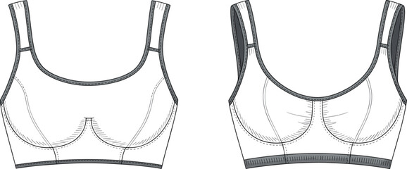 CAD drawing flat vector illustration, technical fashion sketch, bra front view, lingerie design template, undergarment garment blueprint