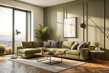Fototapeta premium Photo of cozy living room interior with green sofa and natural light from window