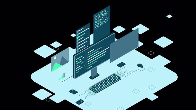 Isometric desktop computer. Coding programming technology. Programming concept. Technology animation. Transparent background with alpha channel