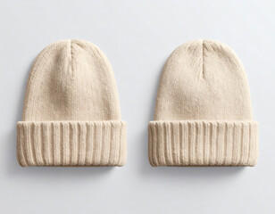 Two matching cream-colored knitted beanies, top view.