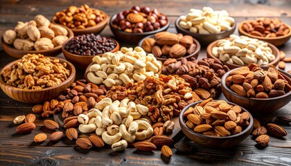 "Assorted nuts including almonds, cashews, peanuts, and hazelnuts arranged in wooden trays with scattered pieces on a rustic wooden surface
