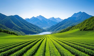 Panoramic view of a lush green tea plantation stretching towards a tranquil mountain lake