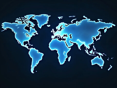 A digital glowing world map interconnected with arcing, glowing lines linking multiple bright dots across continents, symbolizing a global network or connection.