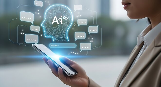 Conceptual Artificial Intelligence Head with Circuit Design on Woman's Smartphone Screen