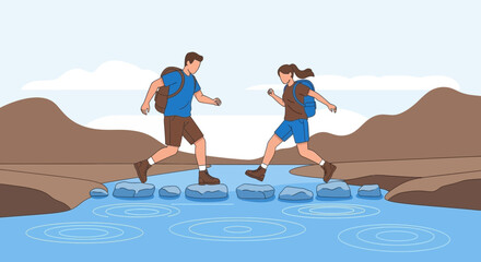 Adventure Couple Crossing River With Stepping Stones In Nature Landscape