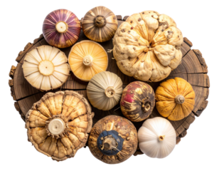 Top-Down Flat Lay of Colorful Maca Roots Spread on Rustic Wooden Table, Isolated