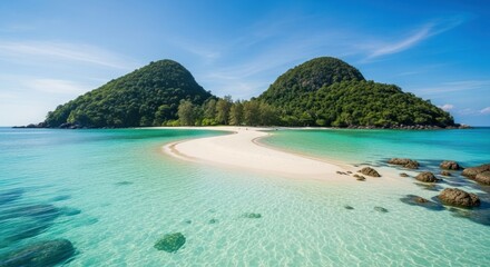 Fototapeta premium Pristine tropical beach, turquoise water, and lush islands