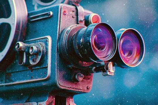 Close-up of vintage film projector, showing dusty, aged metal parts and large lenses