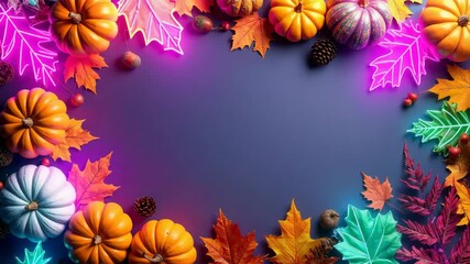 Colorful pumpkins, pine cones, acorns, and vibrant neon leaves create a festive thanksgiving frame. - Powered by Adobe