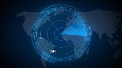 Blue radar screen tracking airplanes over world map