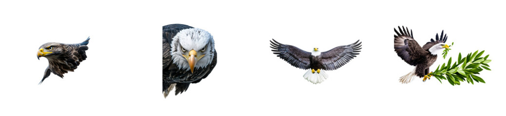 Obraz premium Majestic bald eagle portrait and flight with green branch, cut out transparent