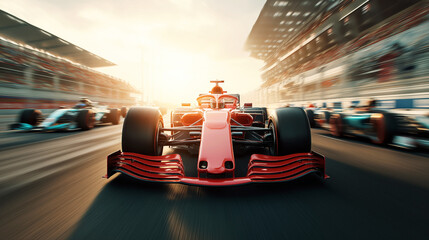 Naklejka premium red formula one racing car is driving fast on the track in race F1