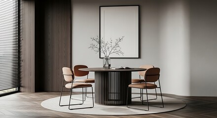 Elegant modern dining room interior with a round table, stylish chairs, and a blank vertical picture frame for a poster mockup.
