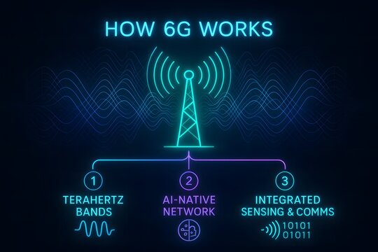 Futuristic 6G Network Technology with Connected Digital Layers for Tech Concepts