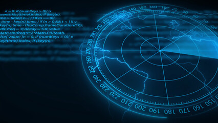 Blue Radar Screen With Digital Code And World Map Overlay
