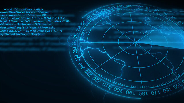 Blue Radar Screen With Digital Code And World Map Overlay