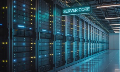 Obraz premium Server racks in a modern data center. Rows of metal server cabinets illuminated by blue and yellow lights. A sign reads 
