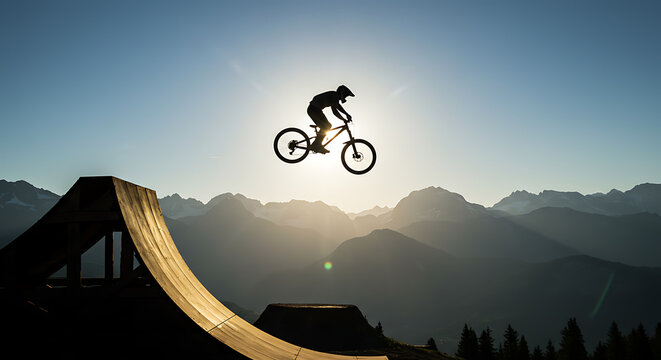 Mountain biker performing aerial stunt on ramp at sunset with scenic mountain backdrop