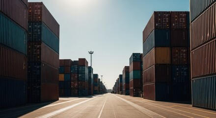 Fototapeta premium Shipping containers line a paved expanse, stretching into the distance