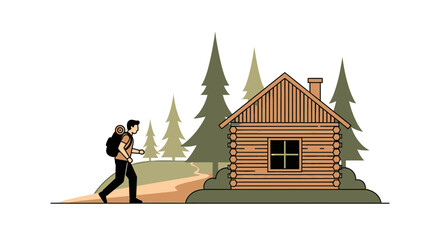Adventurer Hiking to Log Cabin in Forest Illustration Ideal for Travel Poster