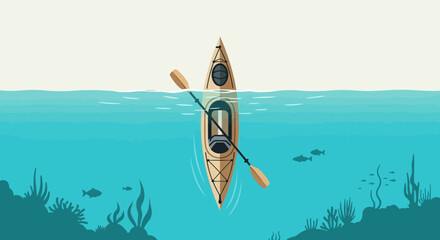 A vibrant illustration showcasing kayaking adventure in a tranquil ocean setting with diverse marine life and coral reefs