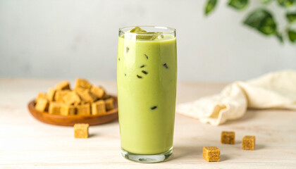 Matcha Latte Delight: A refreshing matcha latte, served in a tall glass, is elegantly set beside a wooden plate of tasty cube, creating a delightful food shot.