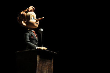 Pinocchio at the political podium, the concept of lies and populism, copyspace