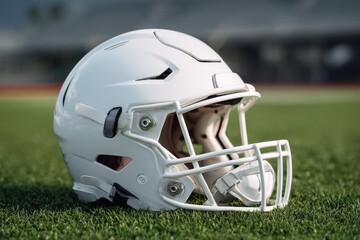 A white football helmet rests on a grassy field.  A stadium blurred background is visible