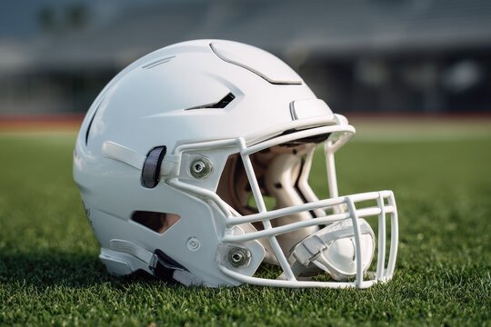 A white football helmet rests on a grassy field.  A stadium blurred background is visible