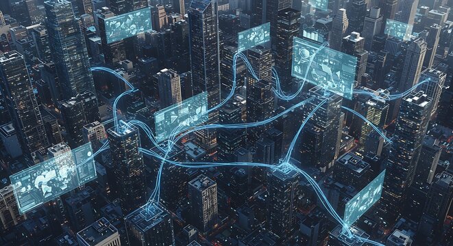Futuristic Cityscape with Digital Data Overlay and Glowing Network Connections