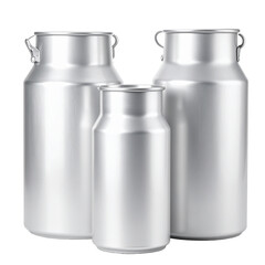 Shiny Dairy Milk Cans Isolated On White Background: A close-up view of three metallic dairy milk cans in a product shot, arranged neatly.