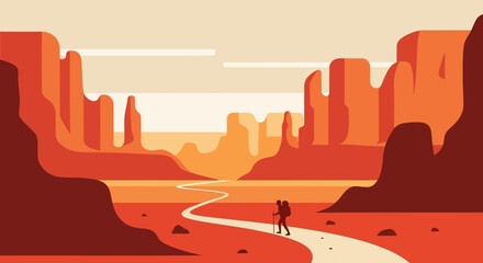 Adventurer's Journey Through Scenic Desert Landscape Flat Illustration Style