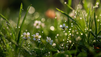 Morning Dew on Grass with Tiny White Blossoms