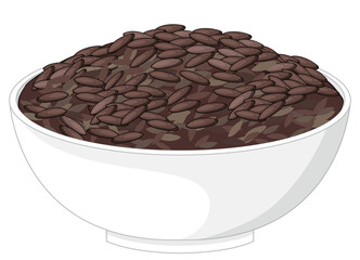 Vector illustration of a white ceramic bowl filled with uncooked black rice, rendered in a clean, flat style with neutral background