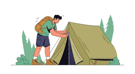Obraz premium Adventures Begin Young Man Zipping Up The Tent For Overnight Camp